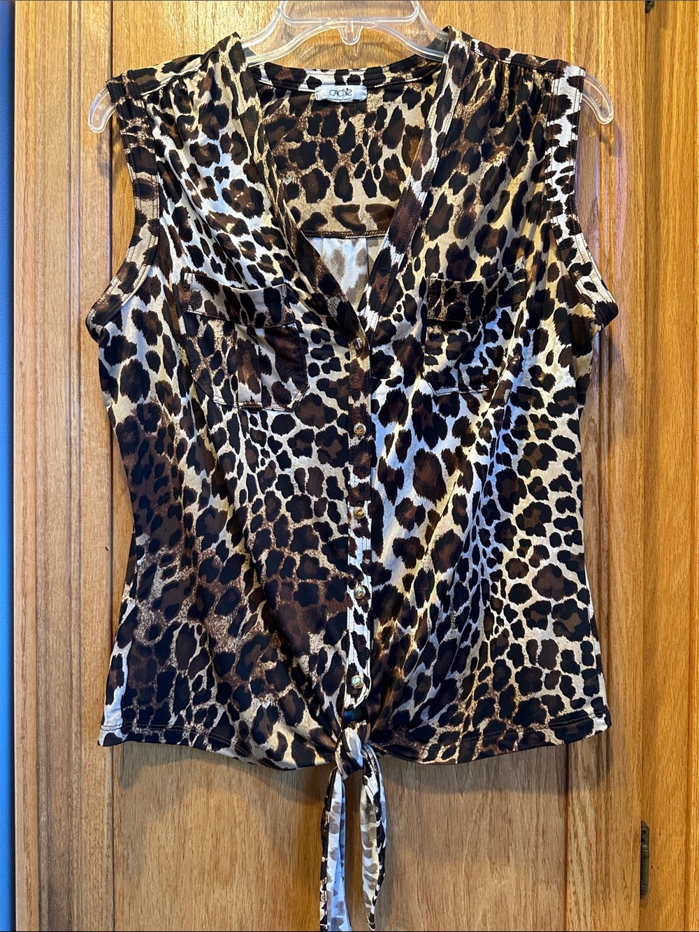 Cache Leopard Print Buttoned & Tie-Front Sleeveless Top in Brown Black & Cream L